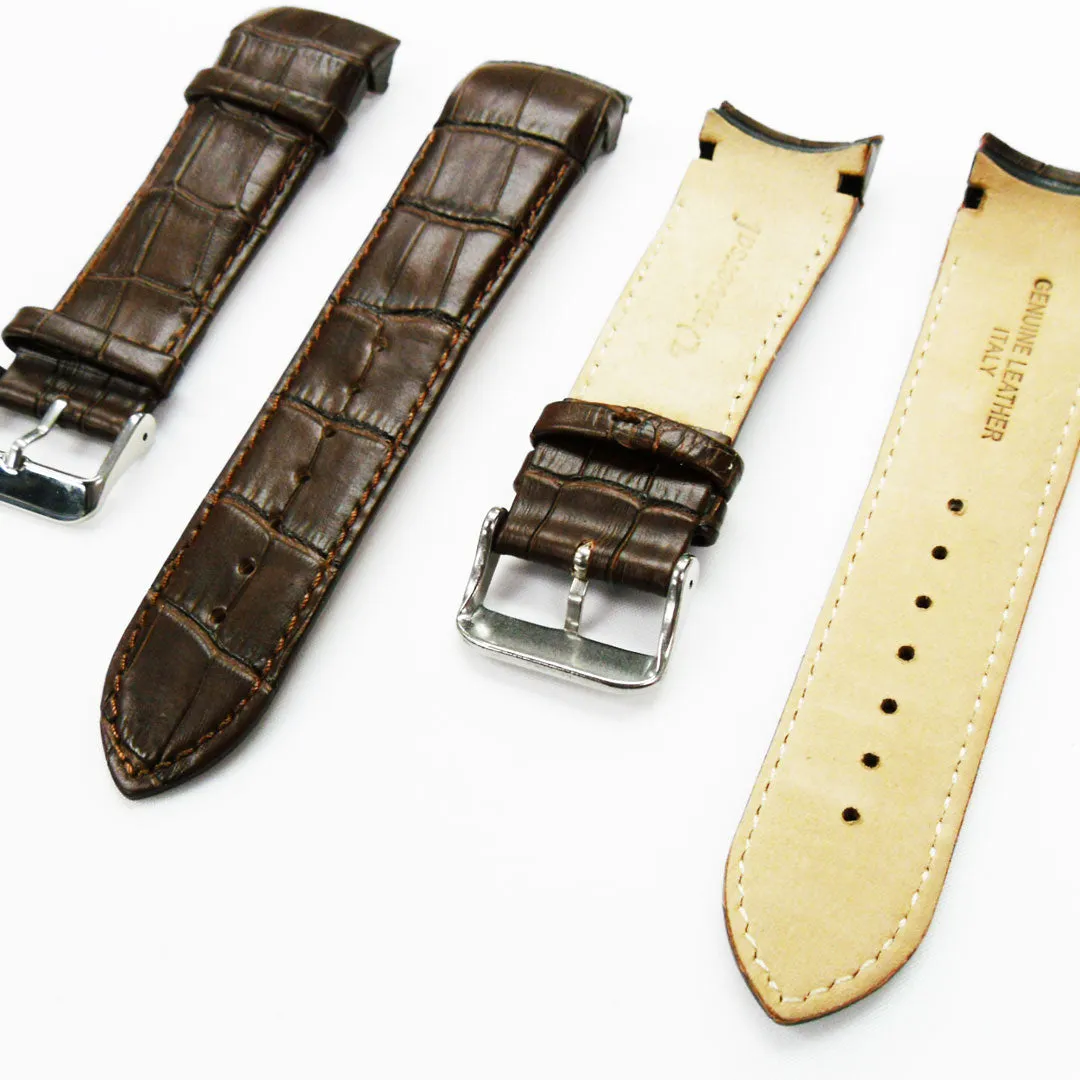 Alligator Curved Genuine Leather Watch Strap, 23MM, Black Color, Padded, Black Stitched, Regular Size, Silver Buckle, Watch Band Replacement