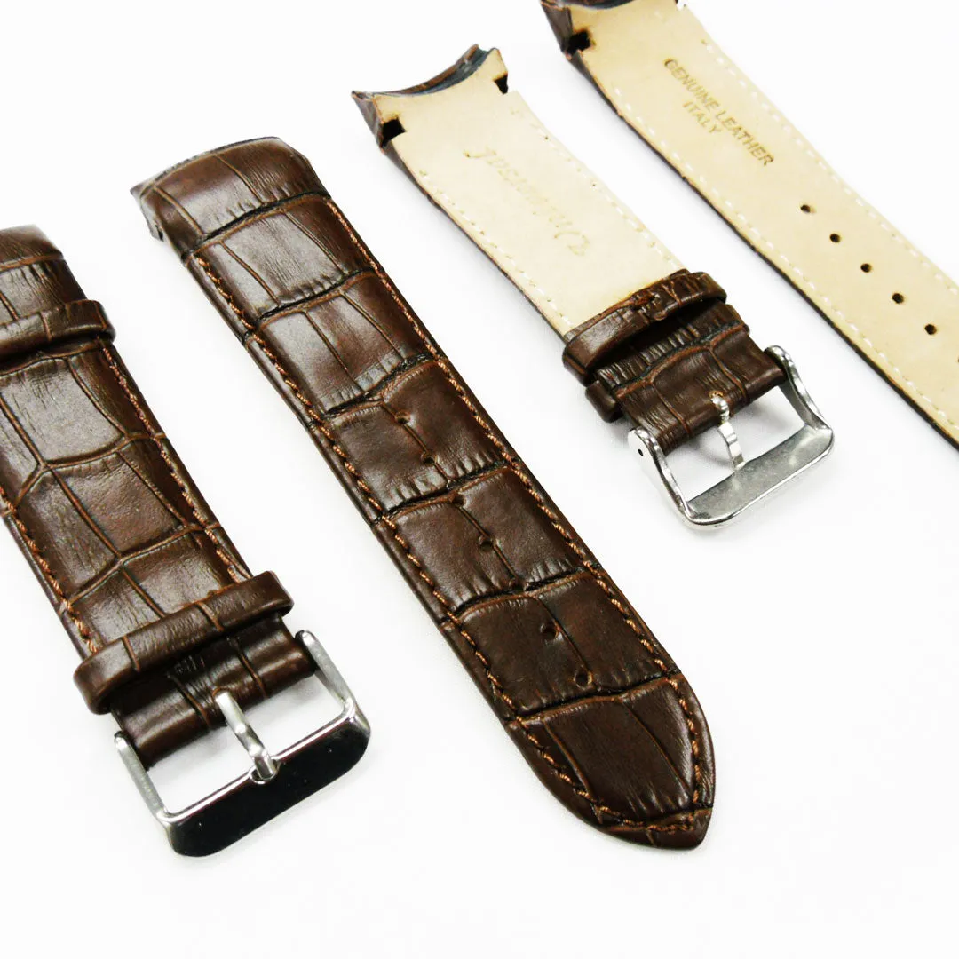 Alligator Curved Genuine Leather Watch Strap, 23MM, Black Color, Padded, Black Stitched, Regular Size, Silver Buckle, Watch Band Replacement