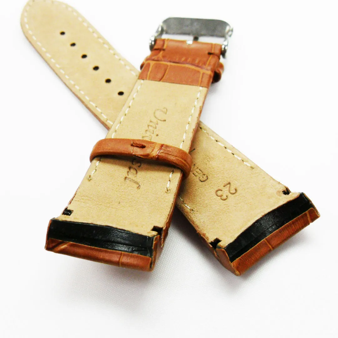 Alligator Curved Genuine Leather Watch Strap, 23MM, Black Color, Padded, Black Stitched, Regular Size, Silver Buckle, Watch Band Replacement