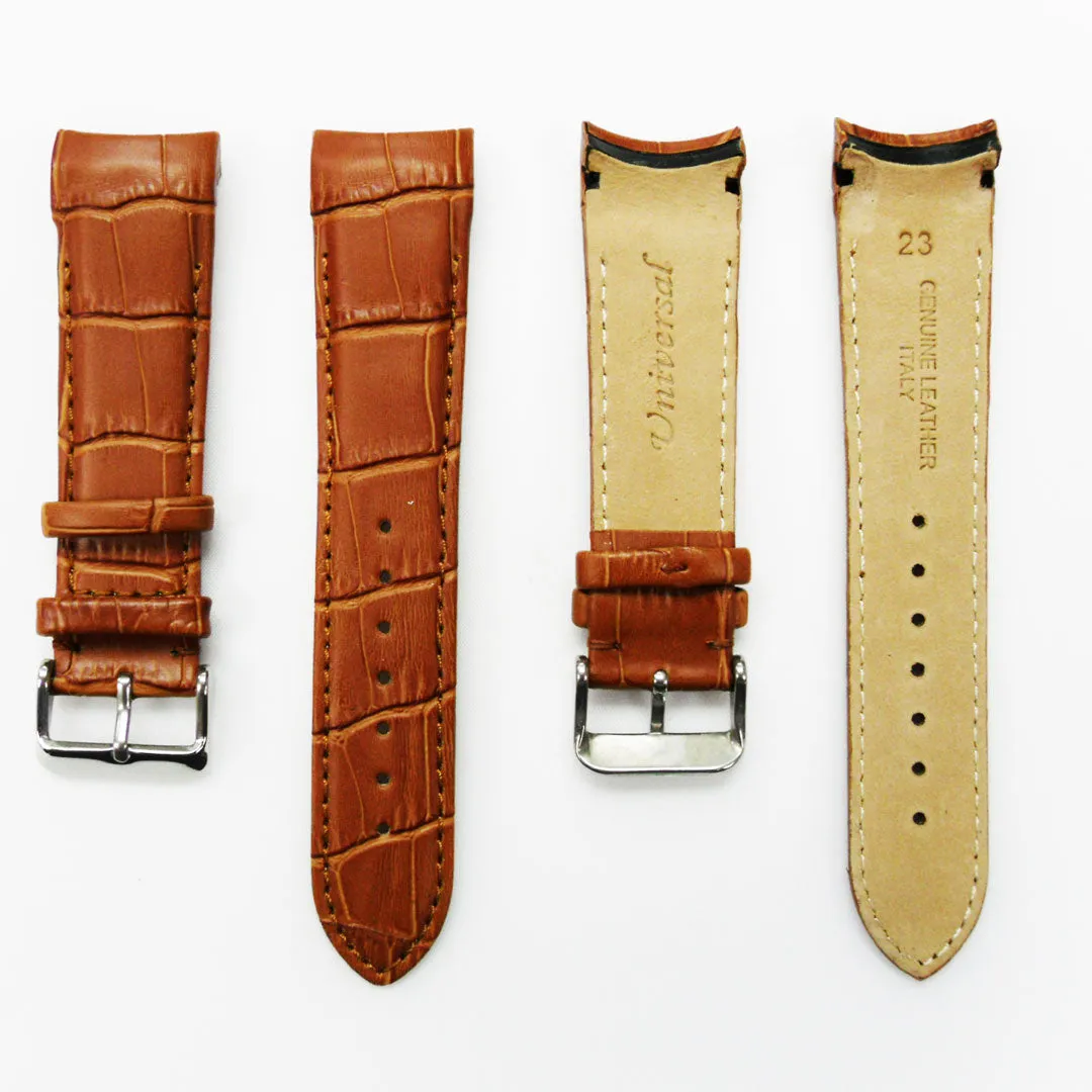 Alligator Curved Genuine Leather Watch Strap, 23MM, Black Color, Padded, Black Stitched, Regular Size, Silver Buckle, Watch Band Replacement