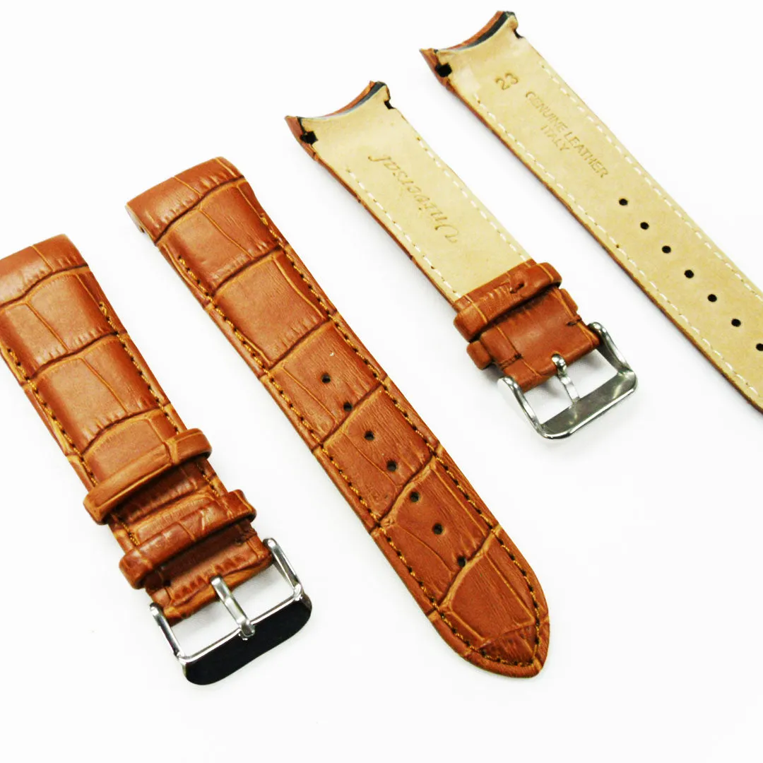 Alligator Curved Genuine Leather Watch Strap, 23MM, Black Color, Padded, Black Stitched, Regular Size, Silver Buckle, Watch Band Replacement