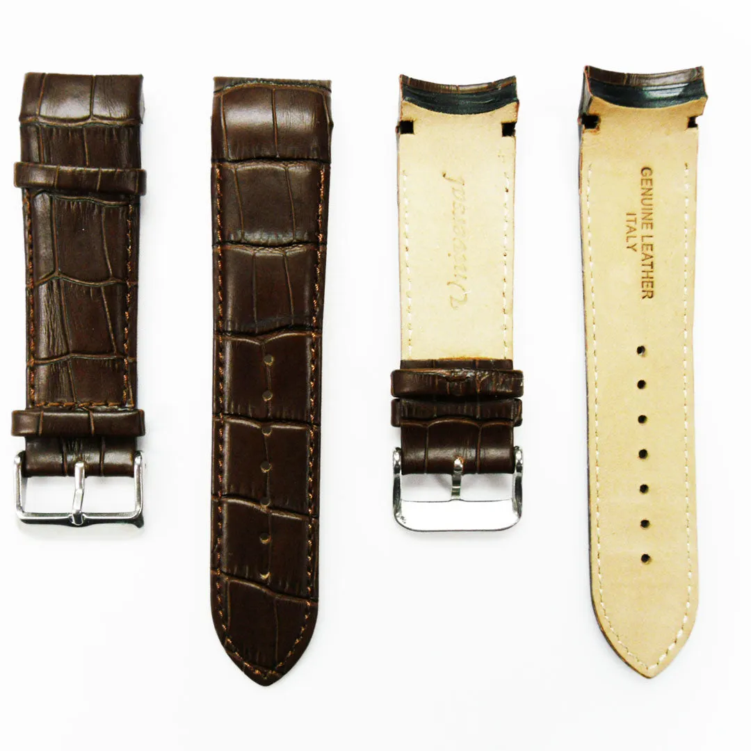 Alligator Curved Genuine Leather Watch Strap, 23MM, Black Color, Padded, Black Stitched, Regular Size, Silver Buckle, Watch Band Replacement