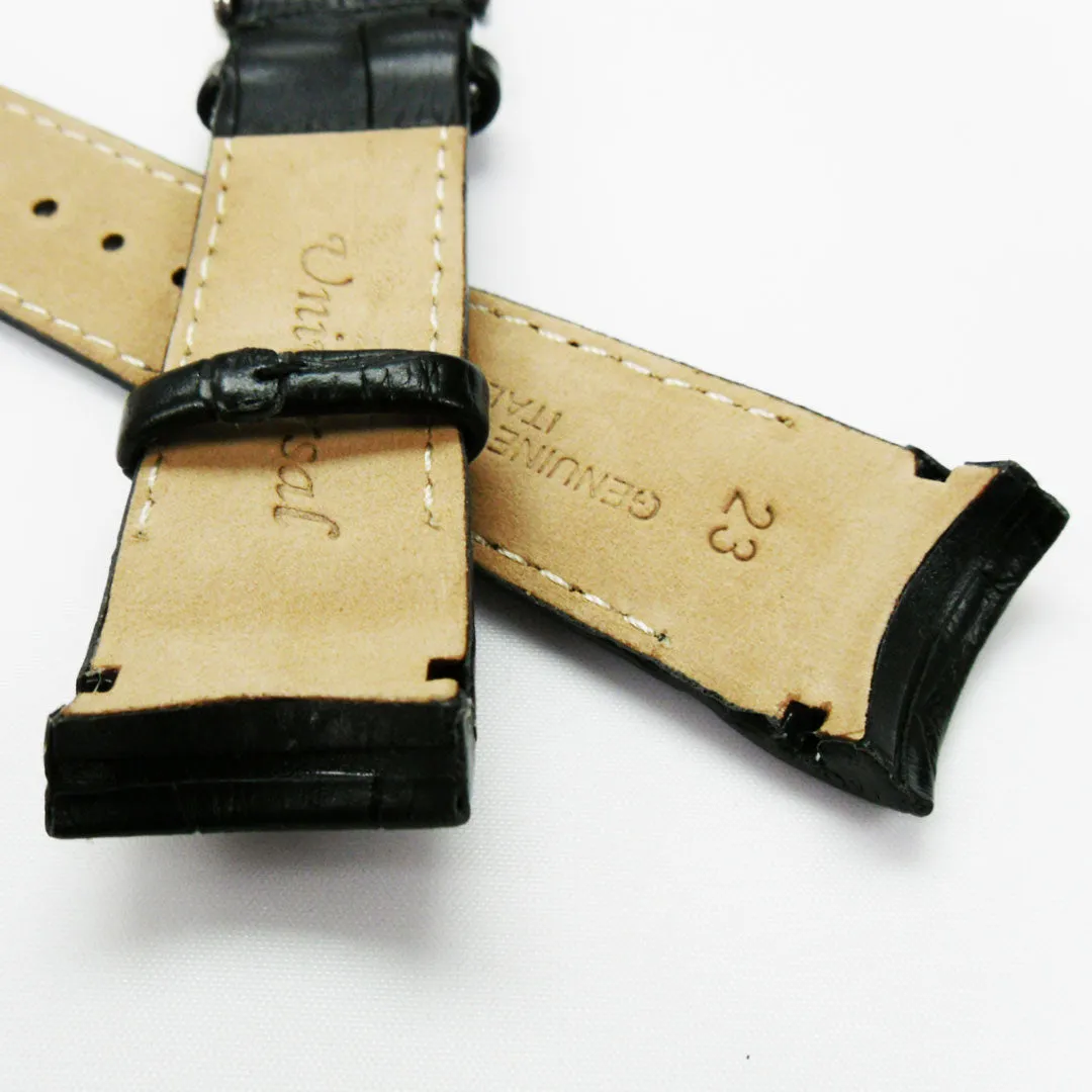 Alligator Curved Genuine Leather Watch Strap, 23MM, Black Color, Padded, Black Stitched, Regular Size, Silver Buckle, Watch Band Replacement