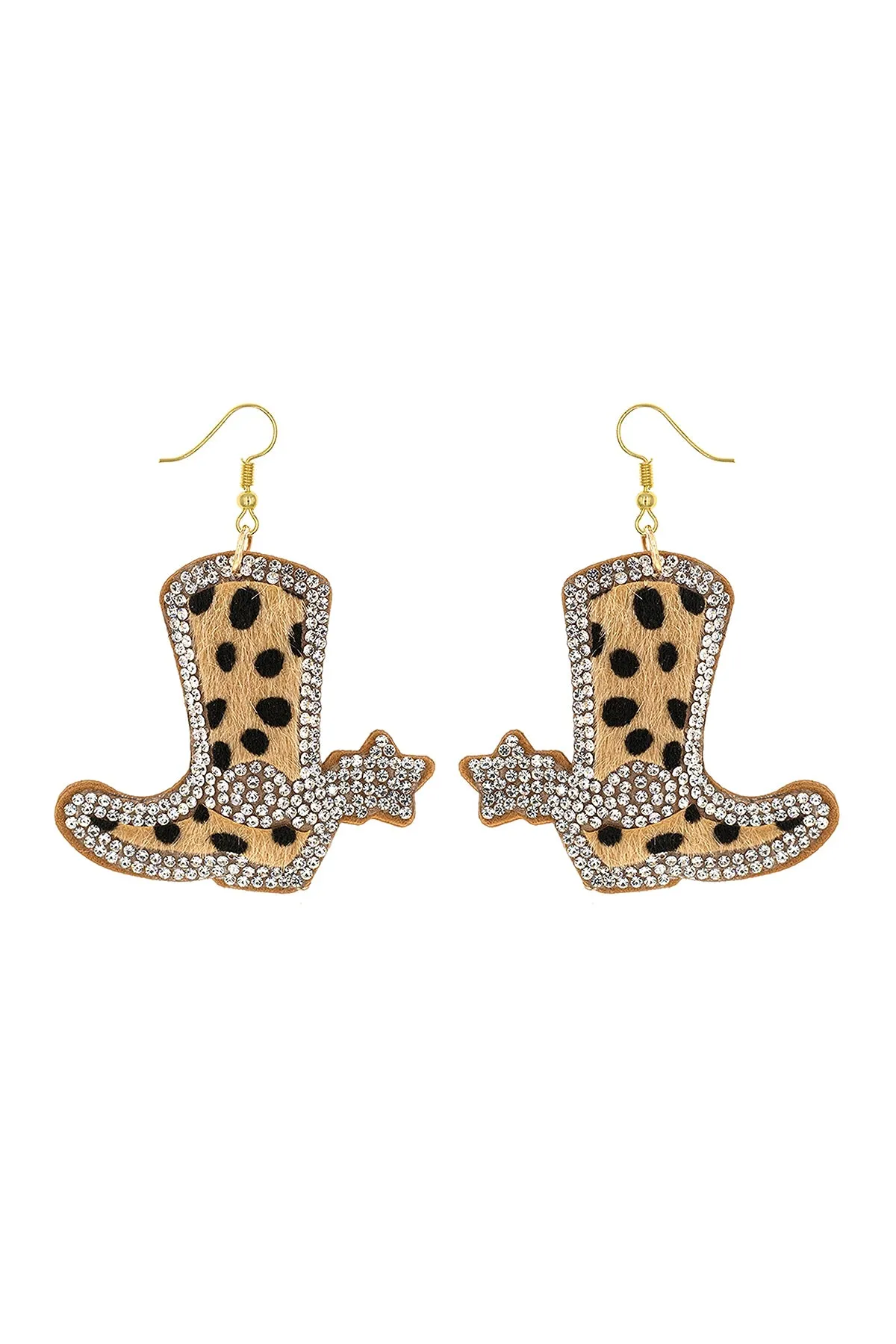 ANIMAL PRINT W/ RHINESTONE CUSHION LEATHER DROP EARRINGS