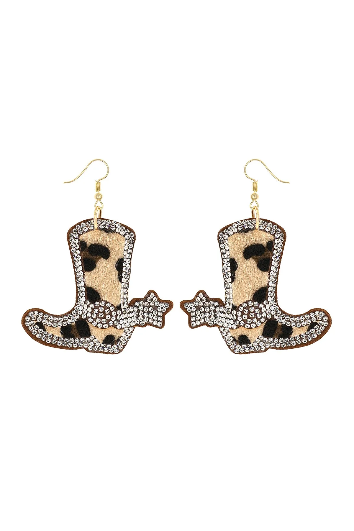 ANIMAL PRINT W/ RHINESTONE CUSHION LEATHER DROP EARRINGS