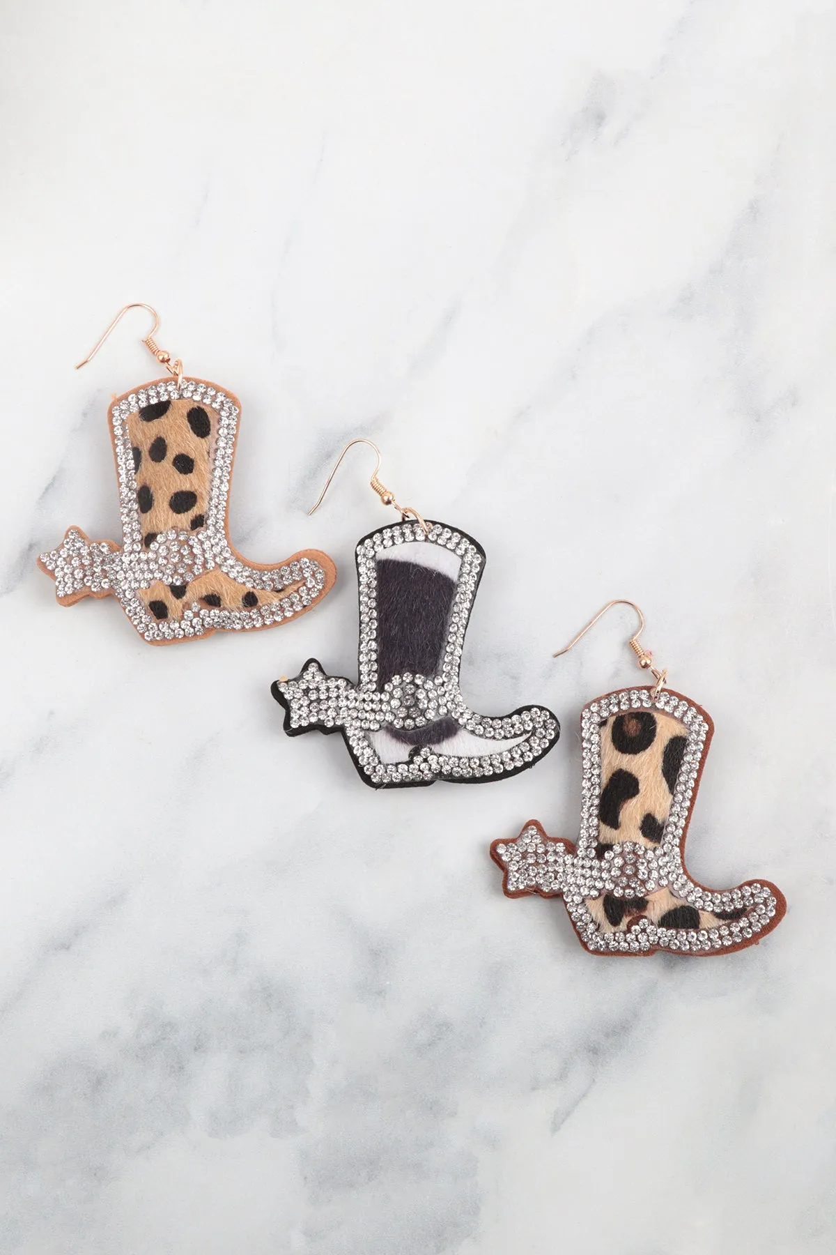 ANIMAL PRINT W/ RHINESTONE CUSHION LEATHER DROP EARRINGS