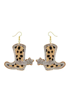 ANIMAL PRINT W/ RHINESTONE CUSHION LEATHER DROP EARRINGS