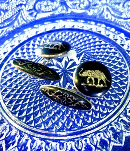 Antique Sterling Silver Niello Elephant Siam Cufflinks