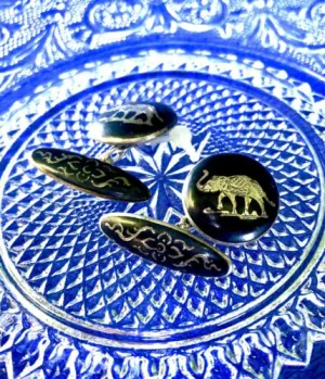 Antique Sterling Silver Niello Elephant Siam Cufflinks