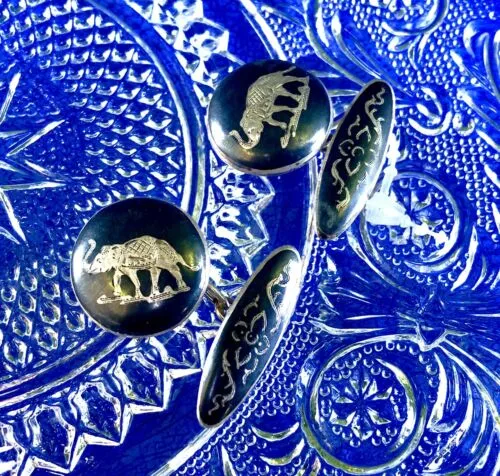 Antique Sterling Silver Niello Elephant Siam Cufflinks