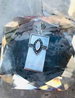 Antique Vintage Rectangle Mother of Pearl   Marcasite Stone 2" Pendant 9.2g