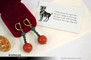 ARIES EARRINGS - Large Red Jasper Ball and Small Green Jasper Beads - Beaded Dangle Ear Rings for Women - 14K Gold Filled Leverback