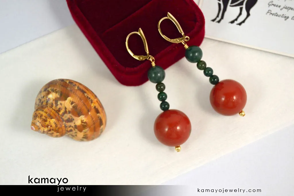 ARIES EARRINGS - Large Red Jasper Ball and Small Green Jasper Beads - Beaded Dangle Ear Rings for Women - 14K Gold Filled Leverback