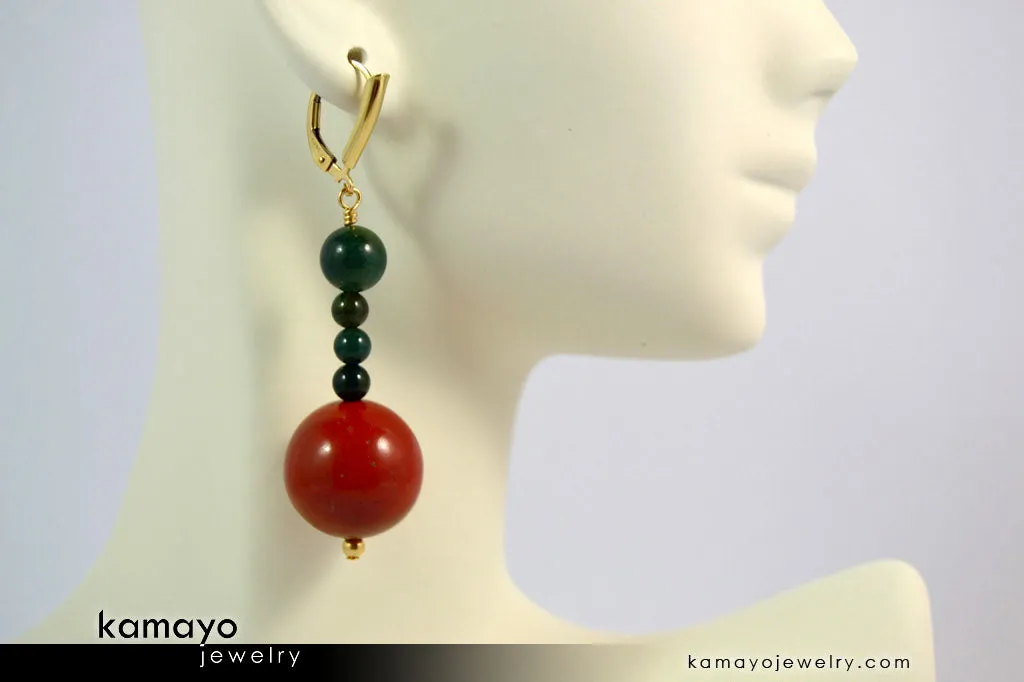 ARIES EARRINGS - Large Red Jasper Ball and Small Green Jasper Beads - Beaded Dangle Ear Rings for Women - 14K Gold Filled Leverback