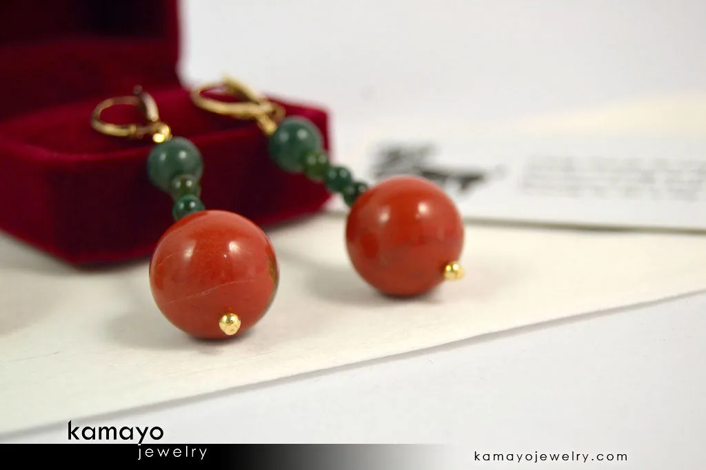 ARIES EARRINGS - Large Red Jasper Ball and Small Green Jasper Beads - Beaded Dangle Ear Rings for Women - 14K Gold Filled Leverback