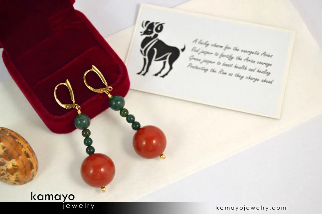 ARIES EARRINGS - Large Red Jasper Ball and Small Green Jasper Beads - Beaded Dangle Ear Rings for Women - 14K Gold Filled Leverback