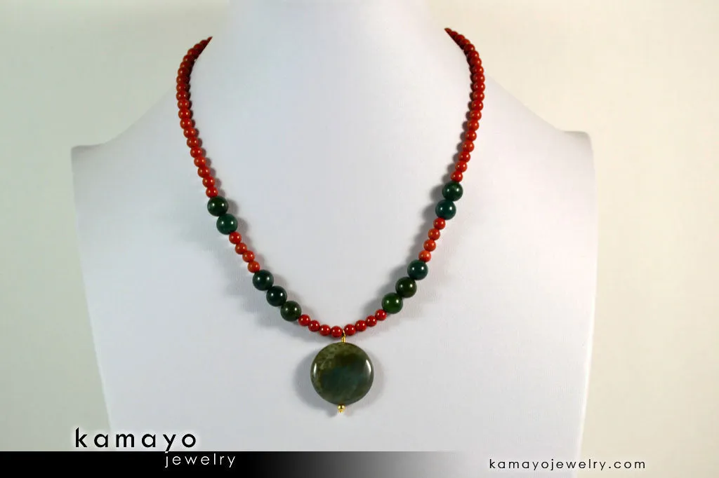 ARIES NECKLACE - Coin Green Jasper Pendant and Red Jasper Beads
