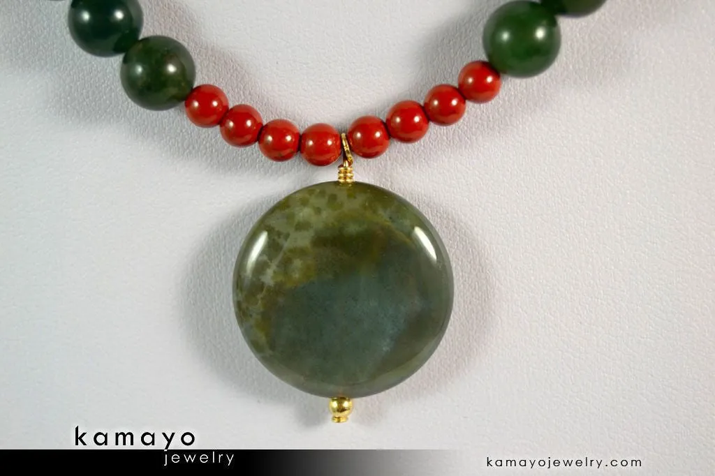 ARIES NECKLACE - Coin Green Jasper Pendant and Red Jasper Beads