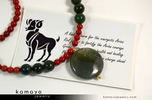 ARIES NECKLACE - Coin Green Jasper Pendant and Red Jasper Beads