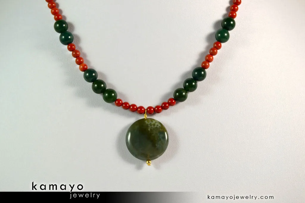 ARIES NECKLACE - Coin Green Jasper Pendant and Red Jasper Beads