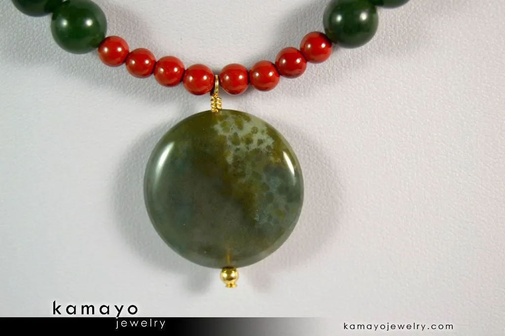 ARIES NECKLACE - Coin Green Jasper Pendant and Red Jasper Beads