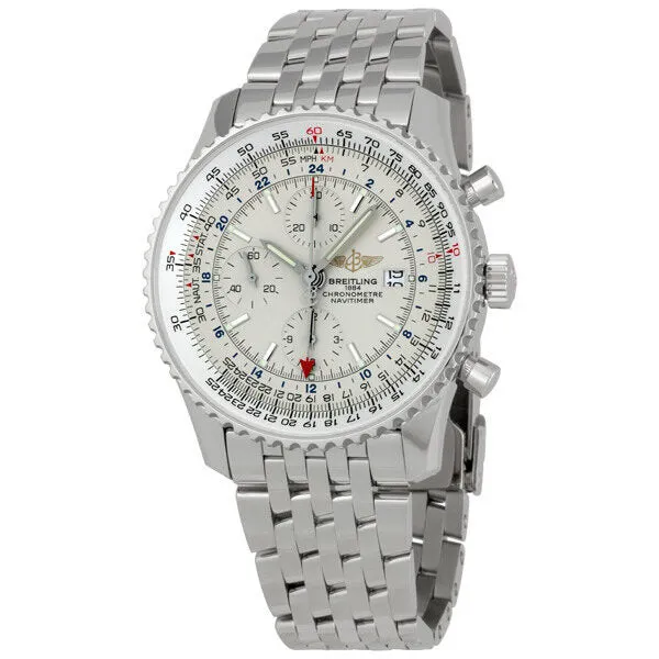 Breitling Navitimer World Chronograph Automatic Chronometer Silver Dial Men's Watch A2432212-G571-453A