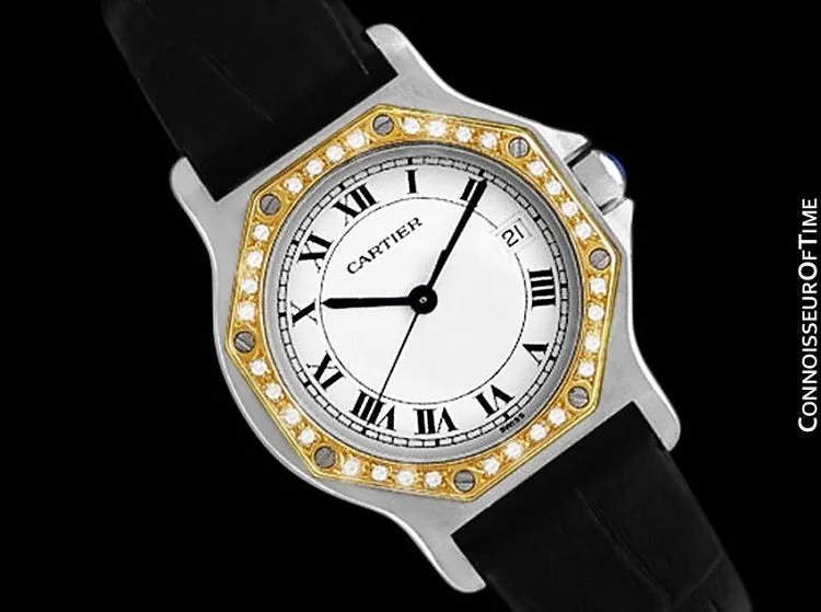Cartier Santos Octagon Mens Midsize Quartz Watch - Stainless Steel, 18K Gold & Diamonds