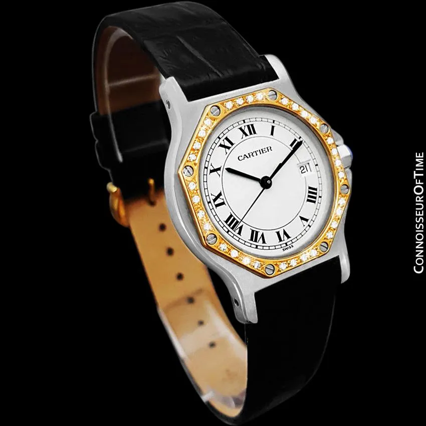 Cartier Santos Octagon Mens Midsize Quartz Watch - Stainless Steel, 18K Gold & Diamonds
