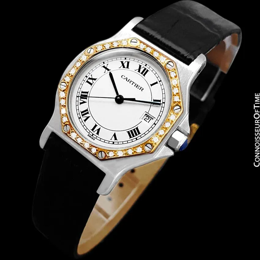 Cartier Santos Octagon Mens Midsize Quartz Watch - Stainless Steel, 18K Gold & Diamonds