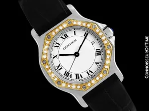 Cartier Santos Octagon Mens Midsize Quartz Watch - Stainless Steel, 18K Gold & Diamonds