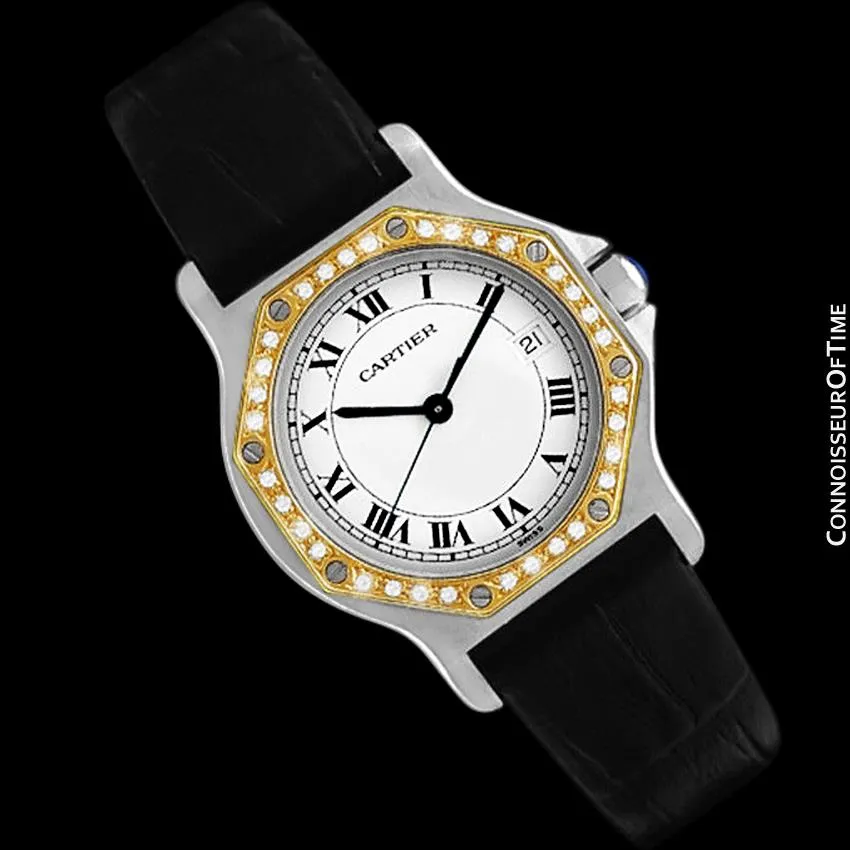 Cartier Santos Octagon Mens Midsize Quartz Watch - Stainless Steel, 18K Gold & Diamonds