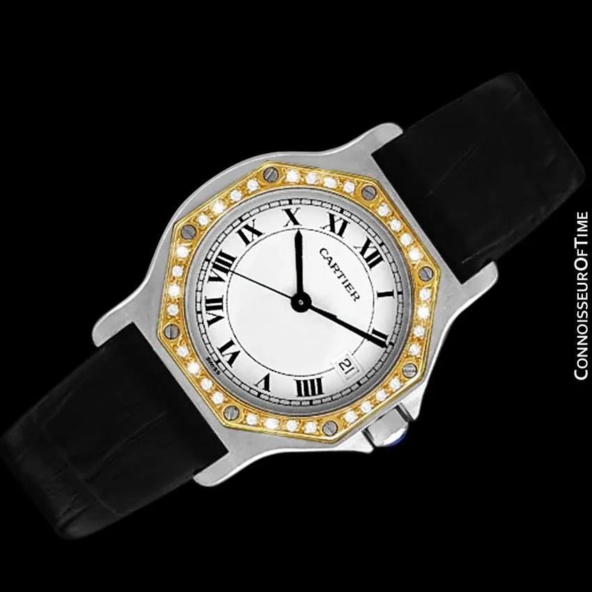 Cartier Santos Octagon Mens Midsize Quartz Watch - Stainless Steel, 18K Gold & Diamonds