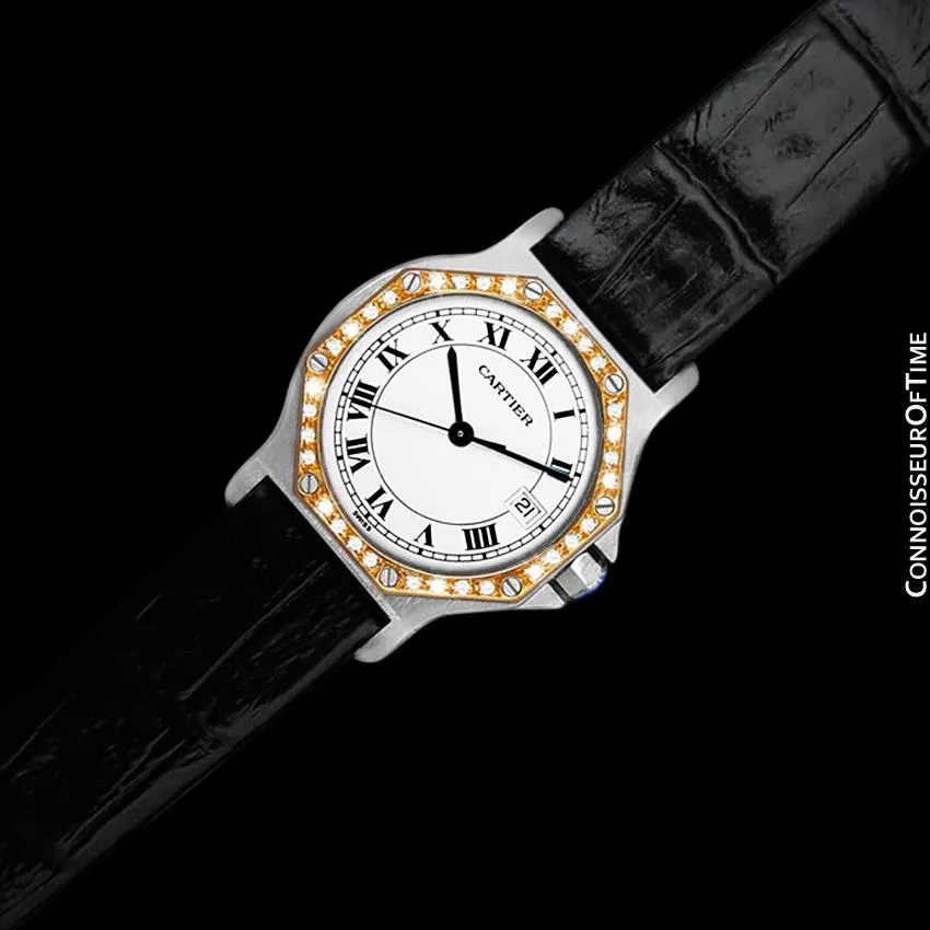 Cartier Santos Octagon Mens Midsize Quartz Watch - Stainless Steel, 18K Gold & Diamonds