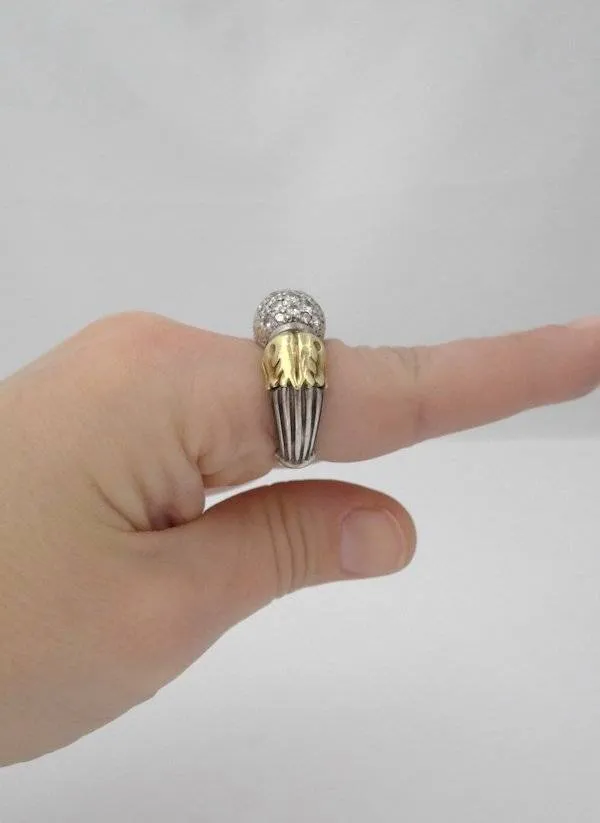 CAVIAR 18K TWO TONE YELLOW GOLD 925 STERLING SILVER 3/4ct DIAMOND DOME BALL RING