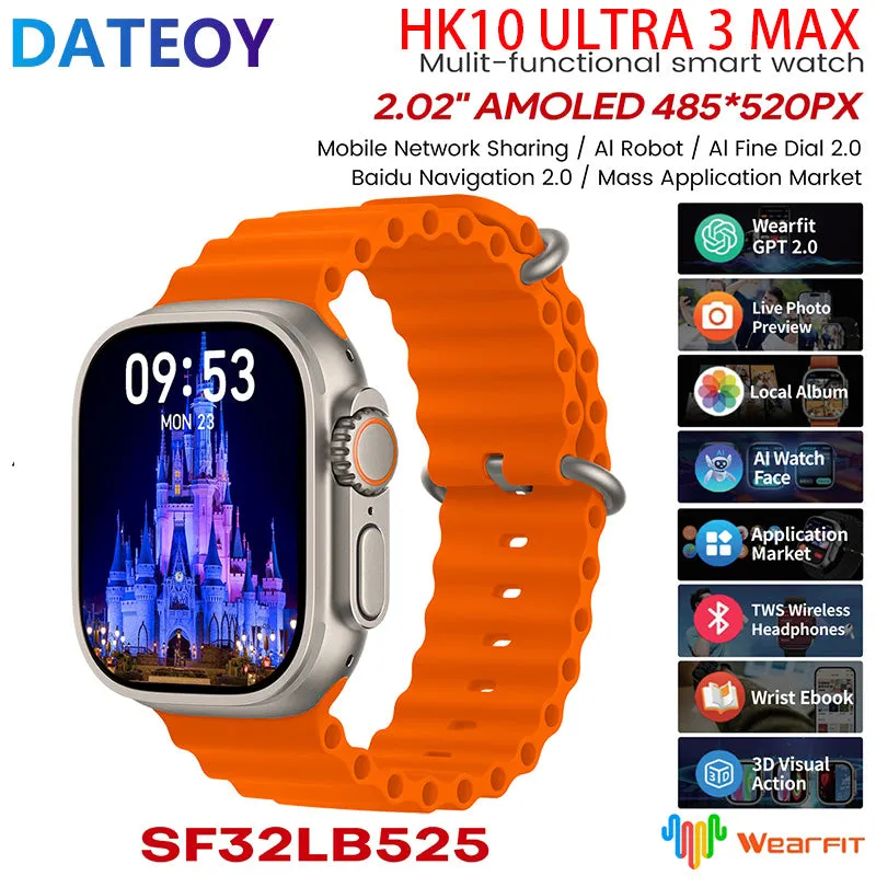 DATEOY HK10 ULTRA 3 Max Smartwatch – 2.02" AMOLED Display, 2GB, Bluetooth Network Sharing, AI Robot, Support Local Music TWS Connection, AI Features