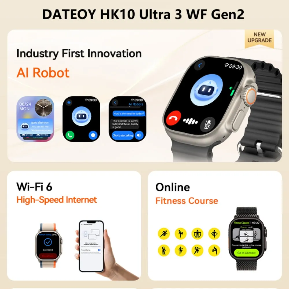 DATEOY HK10 ULTRA 3 WF WiFi Version GEN 2 Smartwatch – TikTok App, Chatgpt, 2.02" AMOLED Display, 2GB ROM, Local/Online Music, Onlie Video, TWS Connection, AI Features