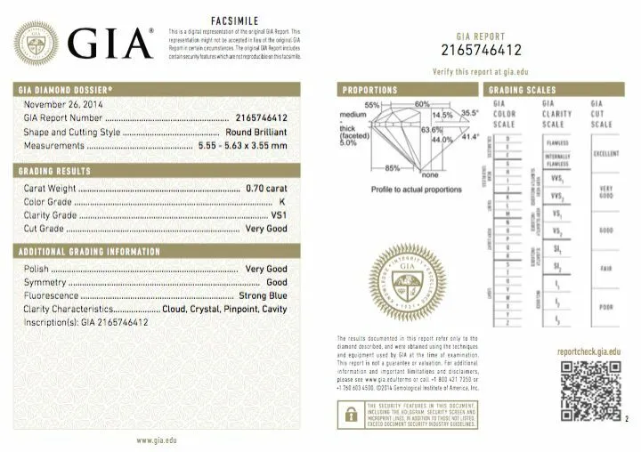 Diamond 0.70 Ct K Color VS1 Clarity Loose Natural Round Cut GIA Certified