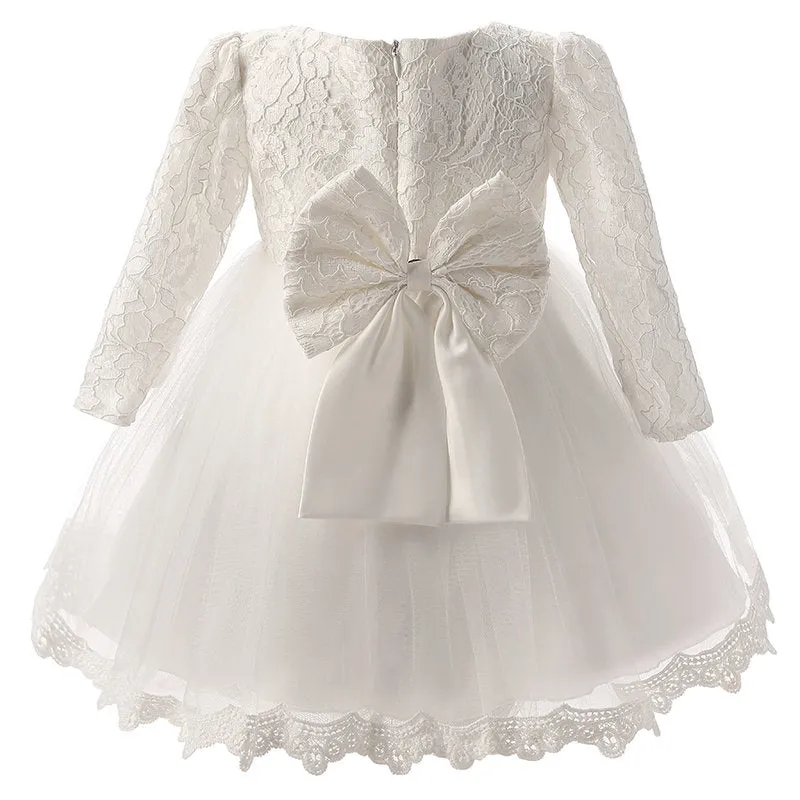 Elegant Newborn Baby Girl Long Sleeve White Baptism Flower Girl Dress
