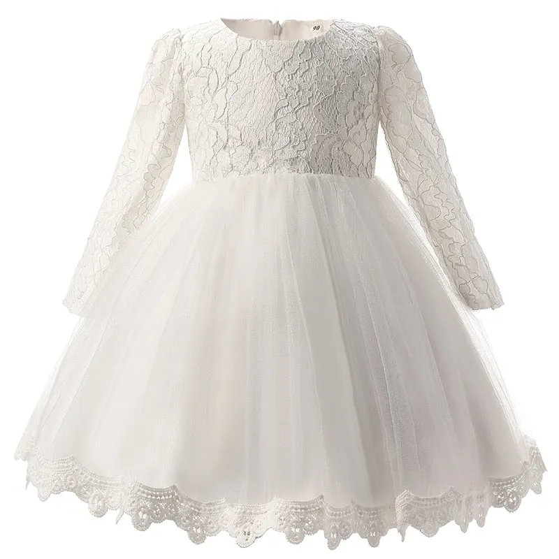 Elegant Newborn Baby Girl Long Sleeve White Baptism Flower Girl Dress
