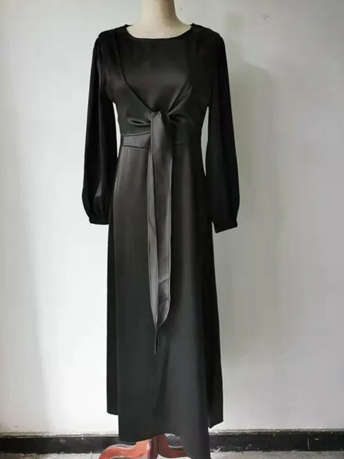 Elegant Wrap Satin Abaya Muslim Long Dress for Women Fashion Hijab