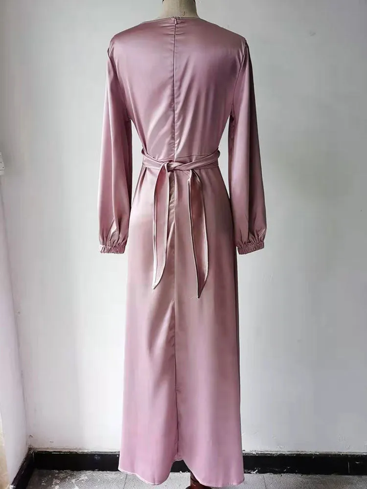 Elegant Wrap Satin Abaya Muslim Long Dress for Women Fashion Hijab
