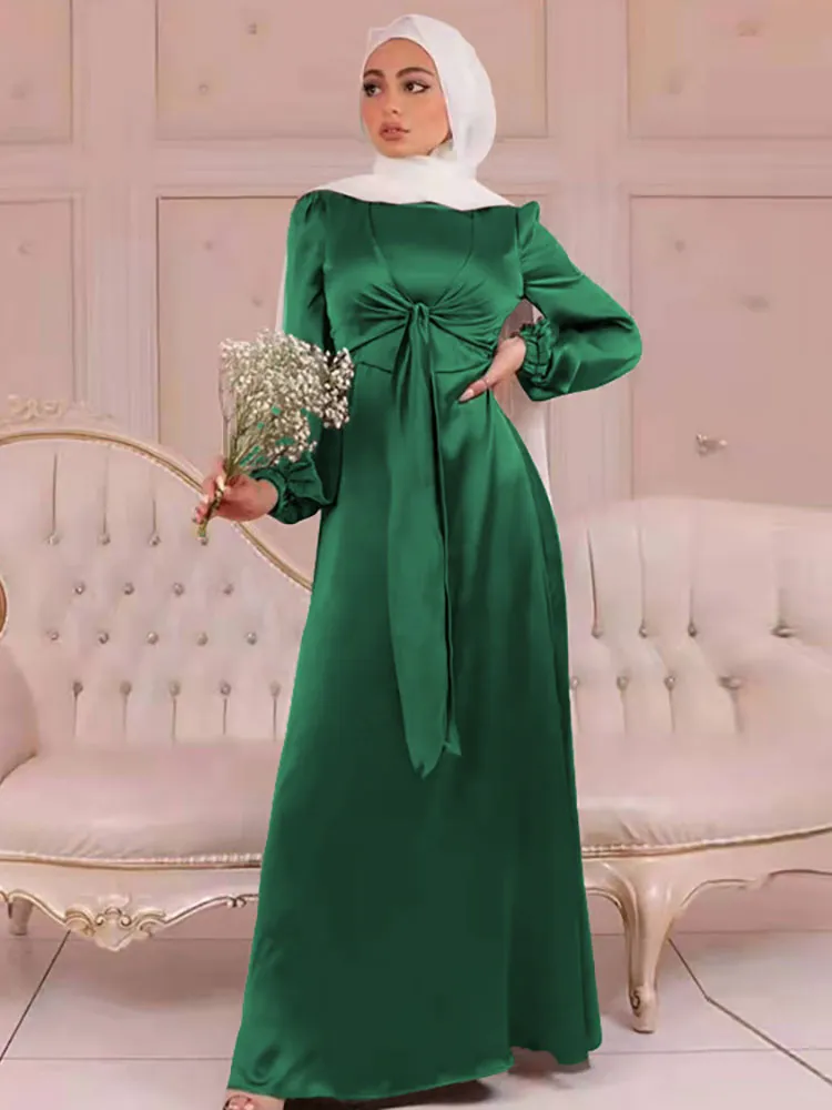 Elegant Wrap Satin Abaya Muslim Long Dress for Women Fashion Hijab
