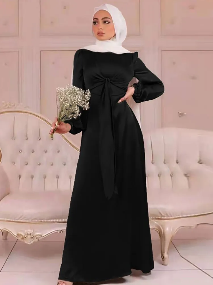 Elegant Wrap Satin Abaya Muslim Long Dress for Women Fashion Hijab