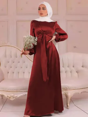 Elegant Wrap Satin Abaya Muslim Long Dress for Women Fashion Hijab