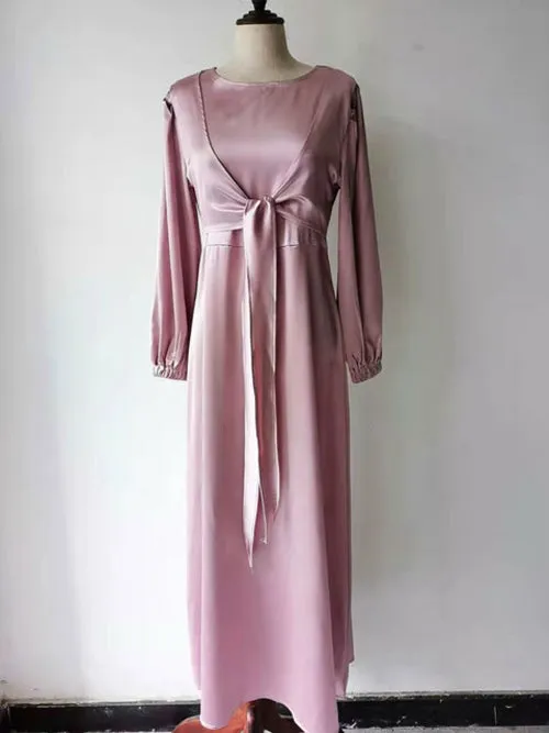 Elegant Wrap Satin Abaya Muslim Long Dress for Women Fashion Hijab