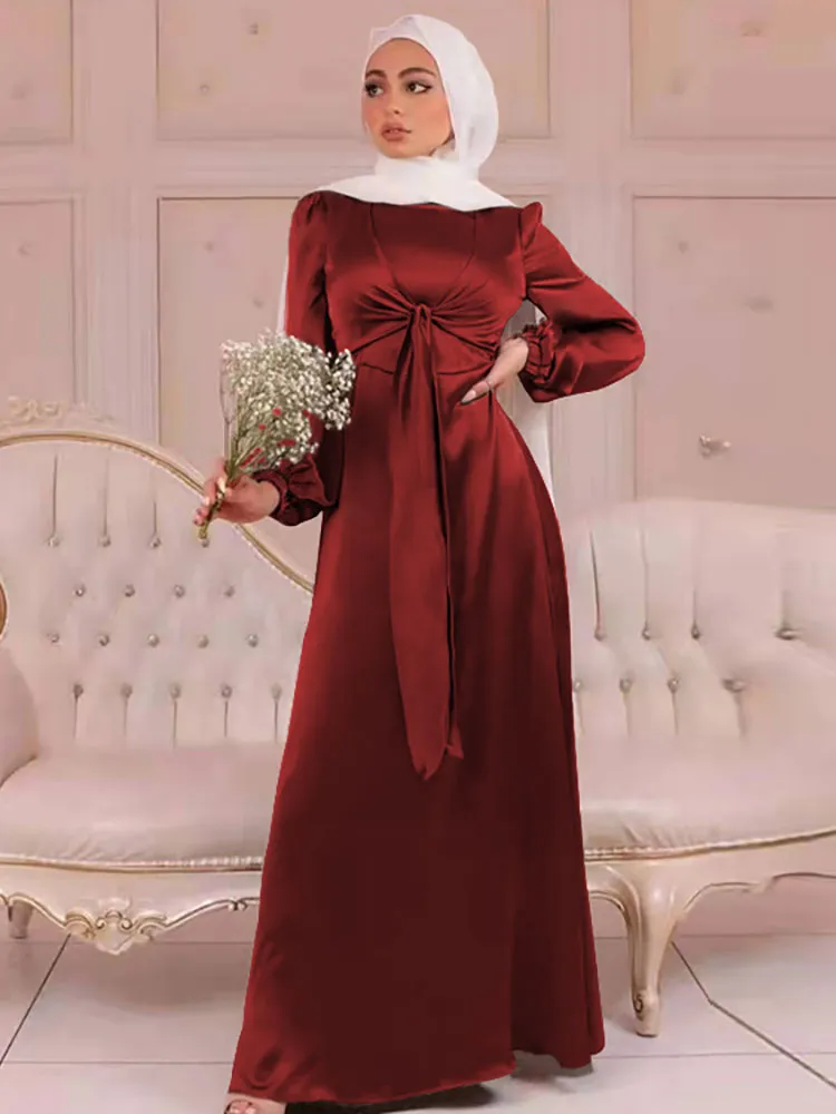 Elegant Wrap Satin Abaya Muslim Long Dress for Women Fashion Hijab
