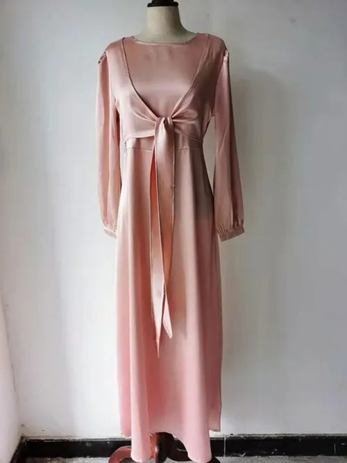 Elegant Wrap Satin Abaya Muslim Long Dress for Women Fashion Hijab