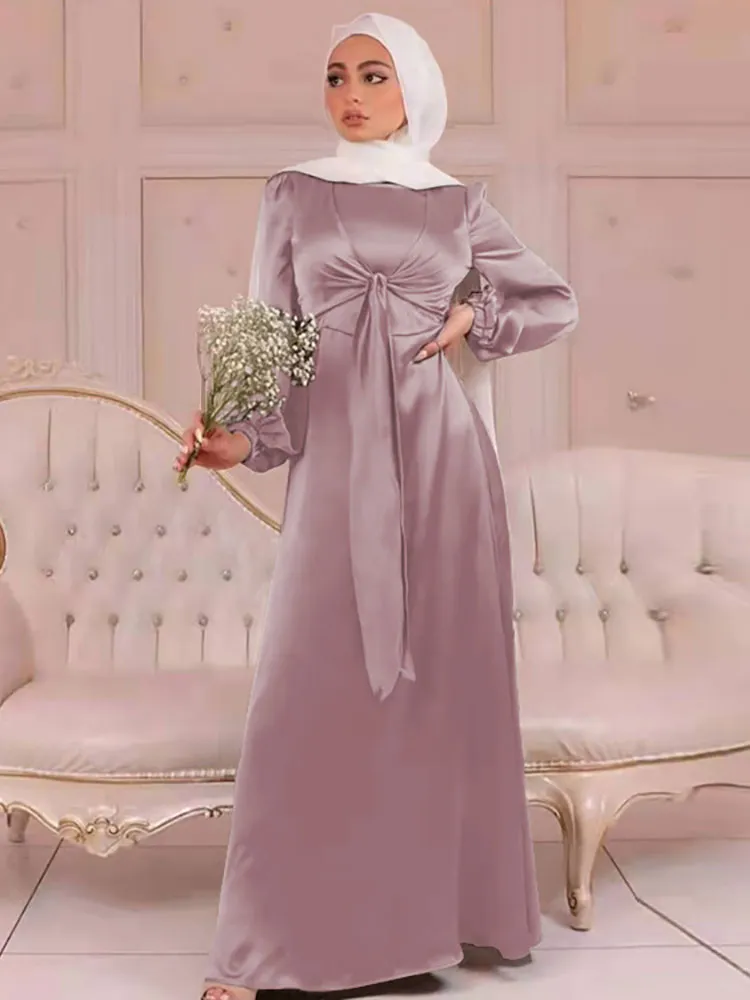 Elegant Wrap Satin Abaya Muslim Long Dress for Women Fashion Hijab