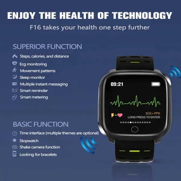F16 ECG   PPG Health Electrocardiogram Heart Rate Blood Pressure Blood Oxygen Sleep Monitor Waterproof Smart Bracelet
