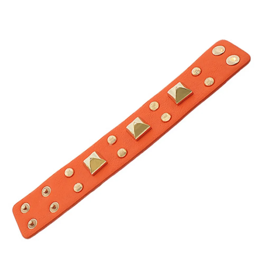 Fashion Alloy Orange Faux PU Leather Rose Gold-Tone Spikes Wide Wristband Wrap Bracelet